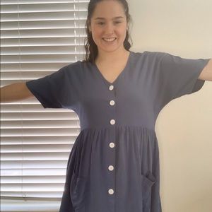 Blue Loose Dress With Pockets